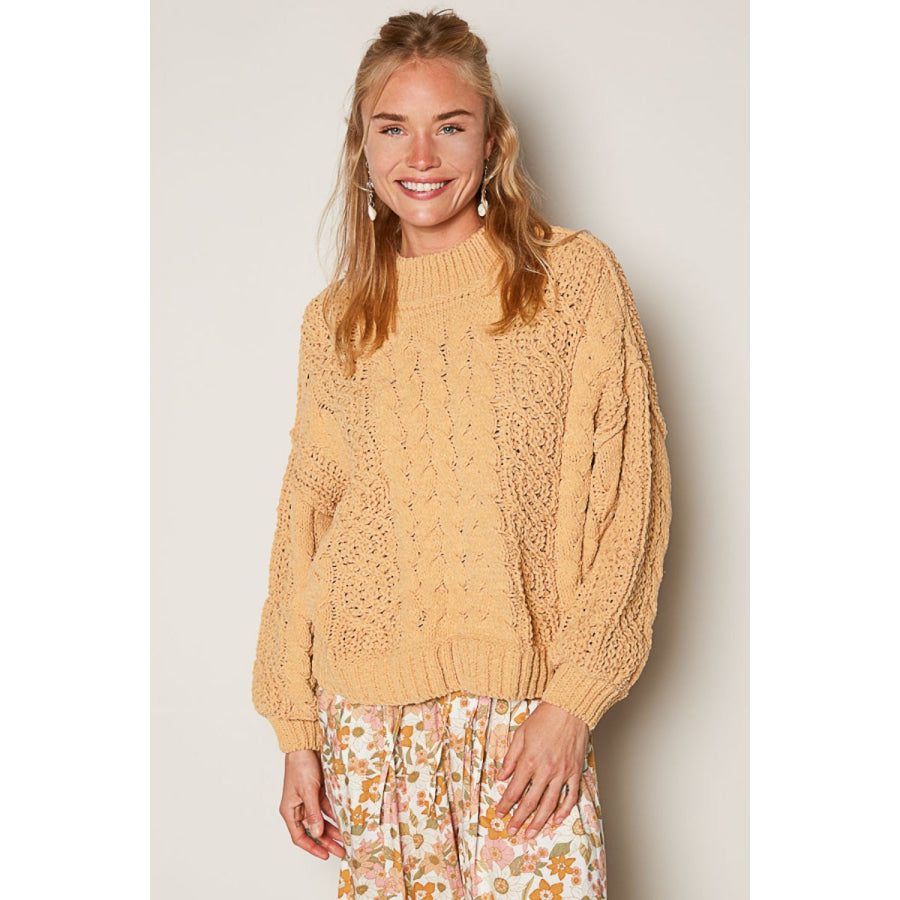 POL Mock Neck Cable Knit Sweater Honey Gold / S Apparel and Accessories