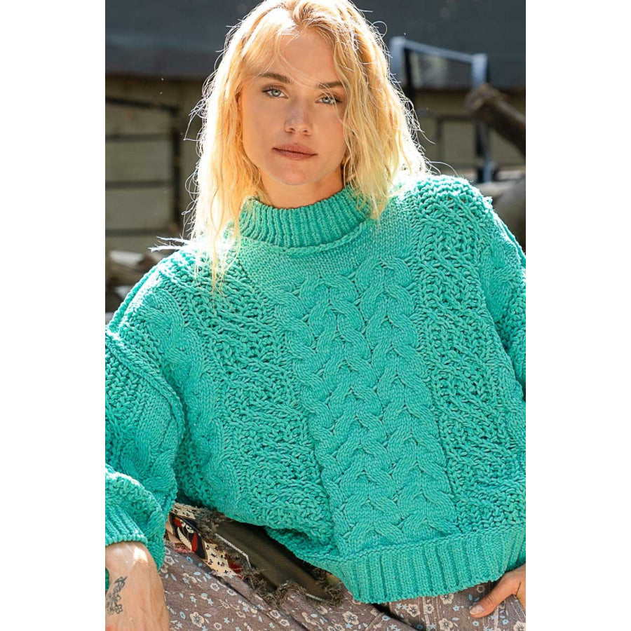 POL Mock Neck Cable Knit Sweater Jungle Green / S Apparel and Accessories