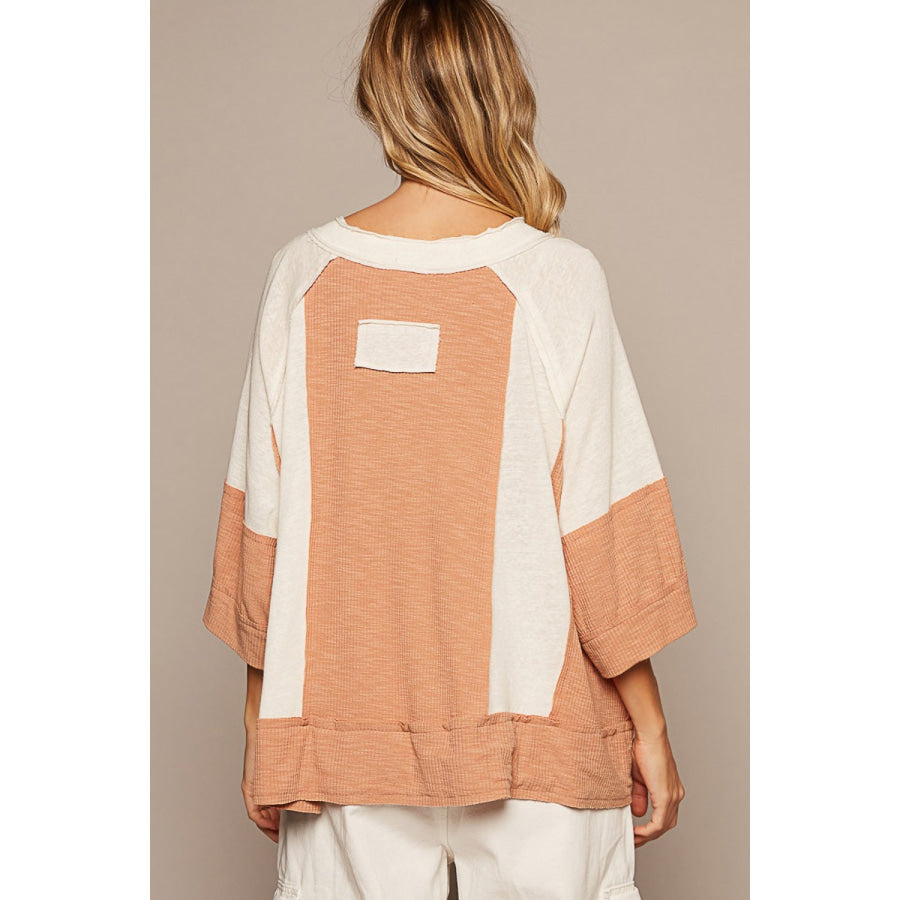 POL Notched Frayed Edge Contrast Top Apparel and Accessories