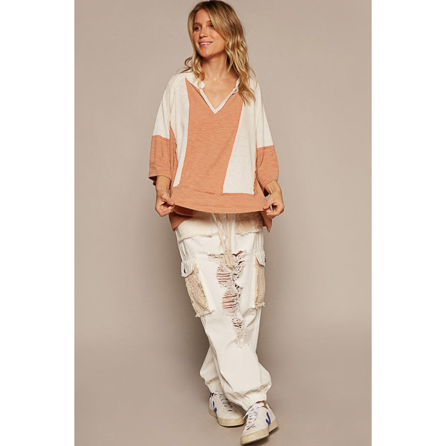 POL Notched Frayed Edge Contrast Top Apparel and Accessories