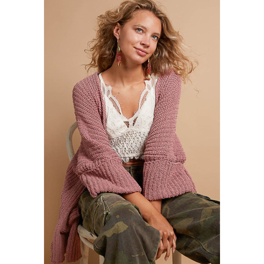 POL Open Front Sweater Cardigan with Pockets Mauve / S Apparel and Accessories