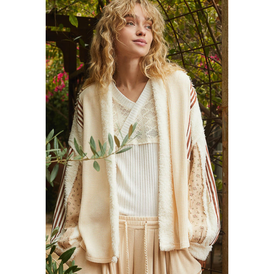 POL Open Front Waffle Knit Fleece Mix Cardigan Cream / S Apparel and Accessories