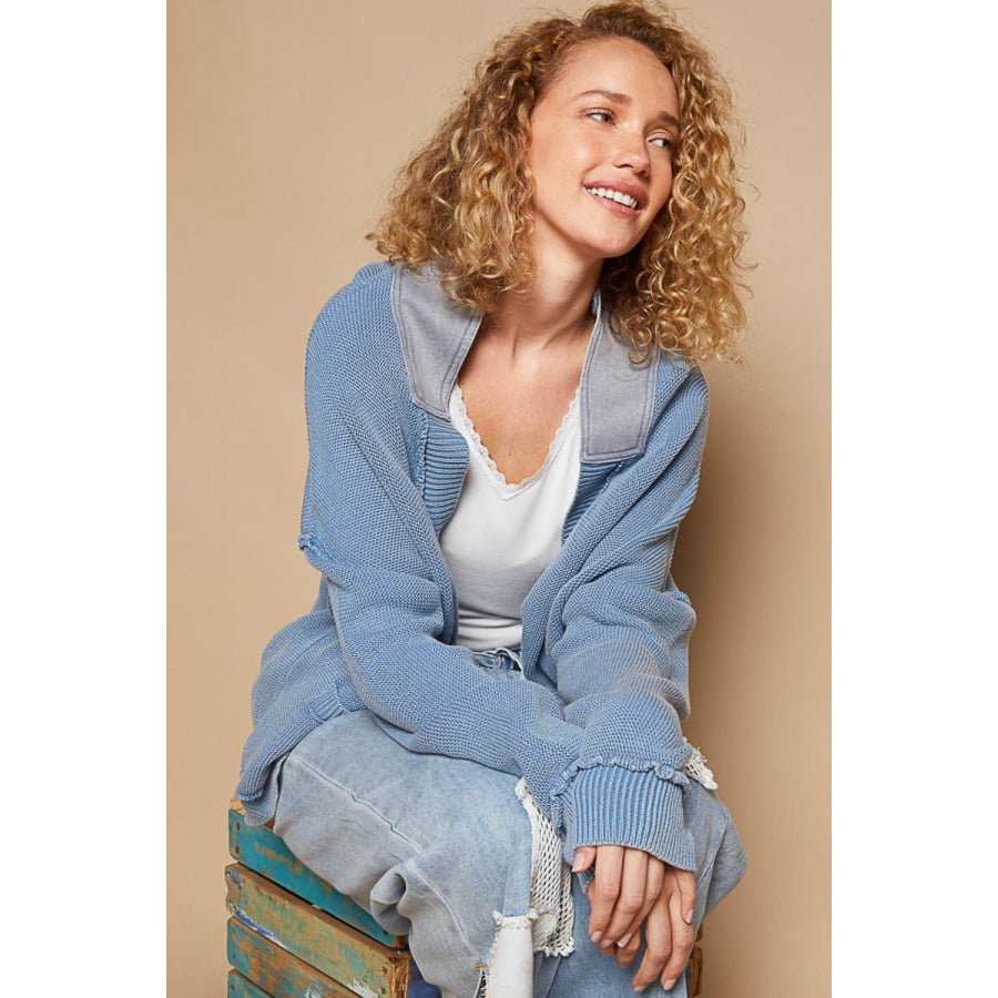 POL Open Front Washed Knit Cardigan with Pockets Apparel and Accessories