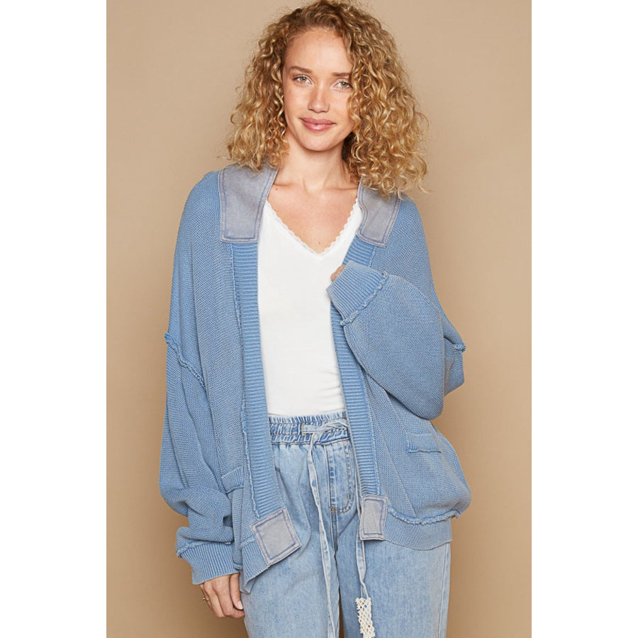 POL Open Front Washed Knit Cardigan with Pockets Dream Blue / S Apparel and Accessories