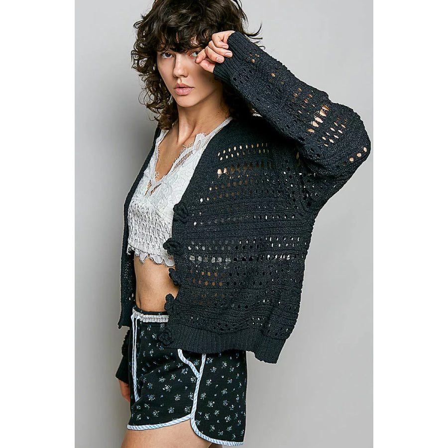 POL Open-Knit Floral Button Cardigan Apparel and Accessories