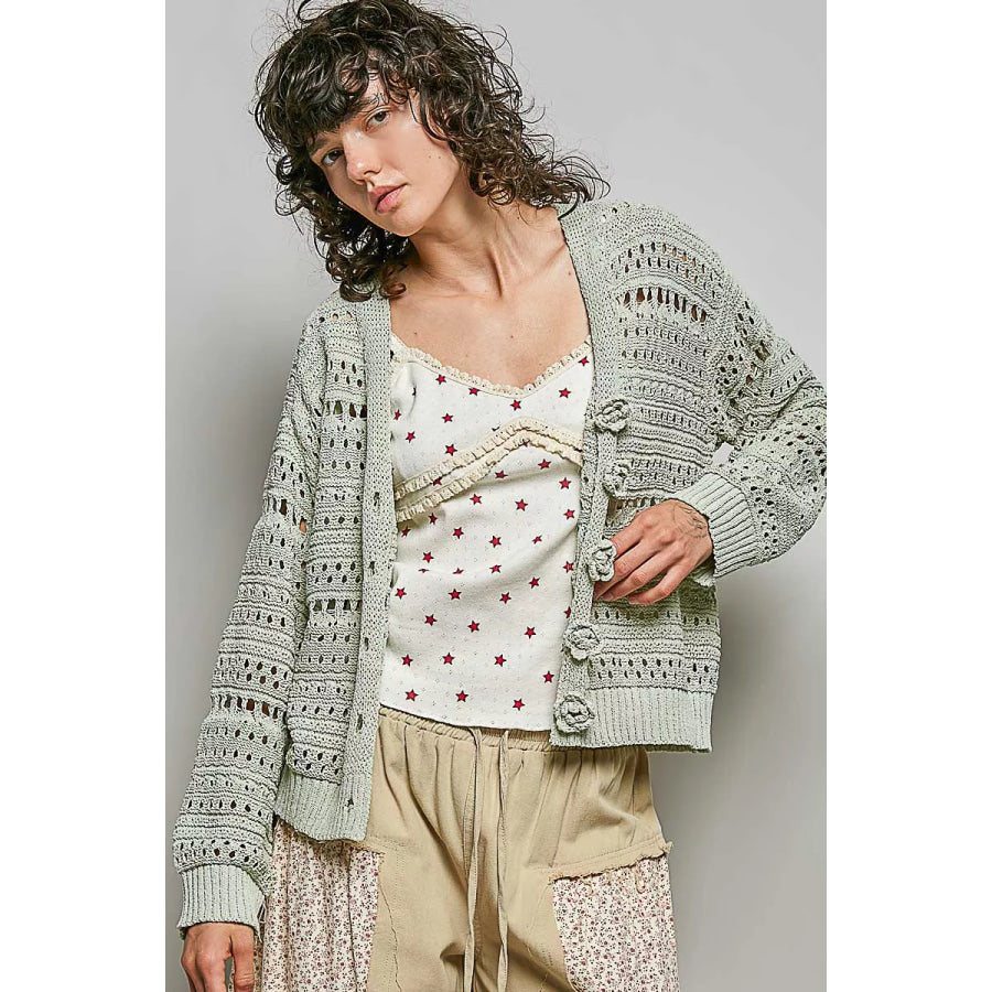 POL Open-Knit Floral Button Cardigan Apparel and Accessories