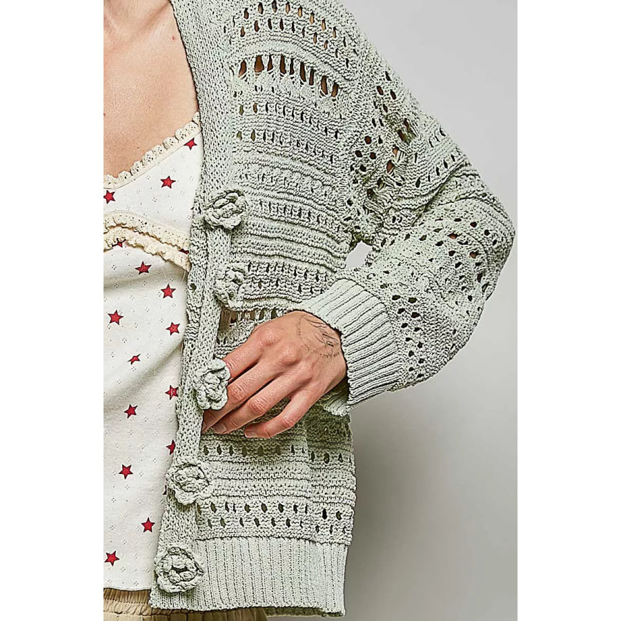 POL Open-Knit Floral Button Cardigan Apparel and Accessories