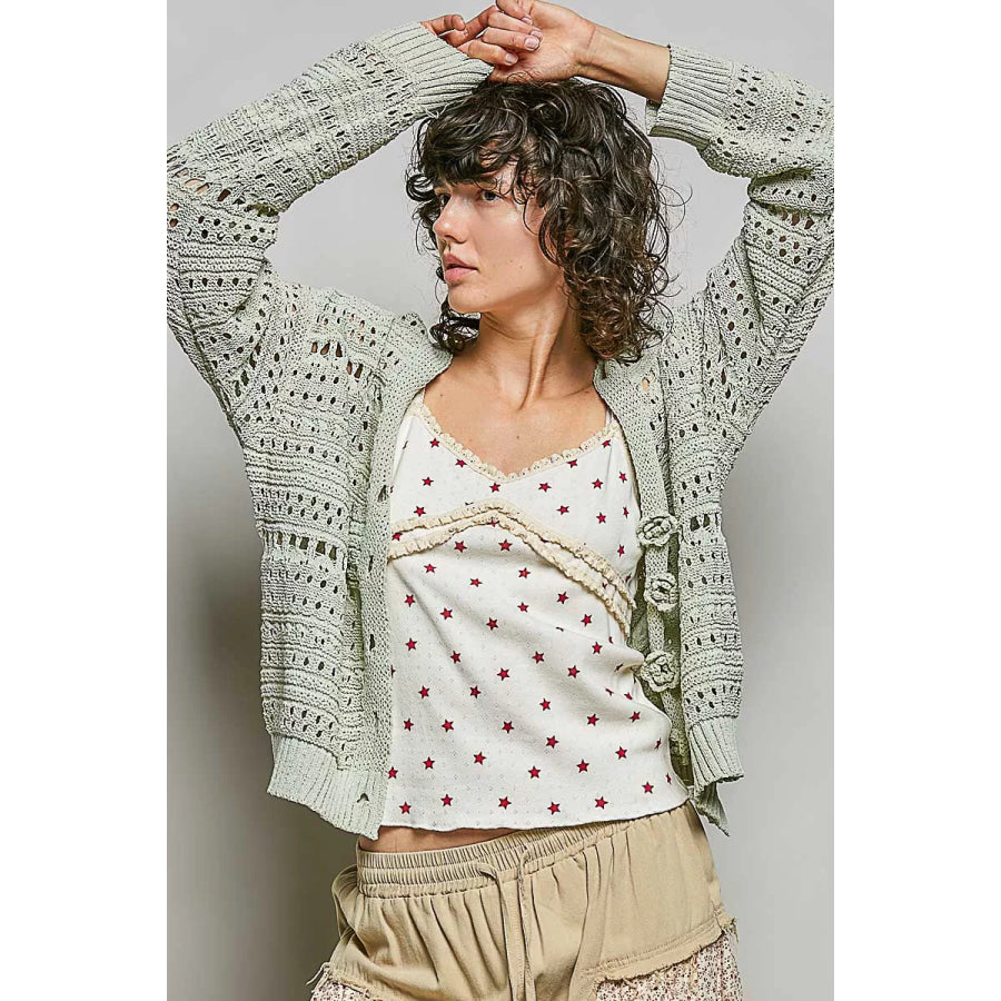POL Open-Knit Floral Button Cardigan Apparel and Accessories
