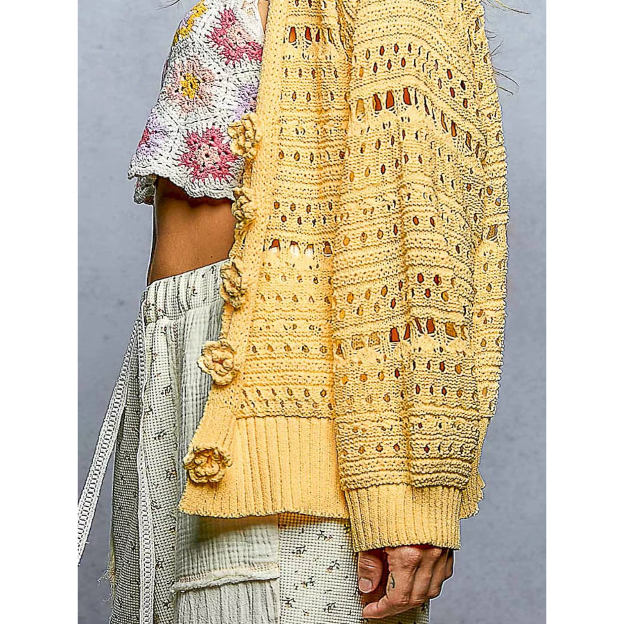 POL Open-Knit Floral Button Cardigan Apparel and Accessories