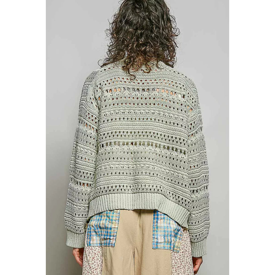 POL Open-Knit Floral Button Cardigan Apparel and Accessories