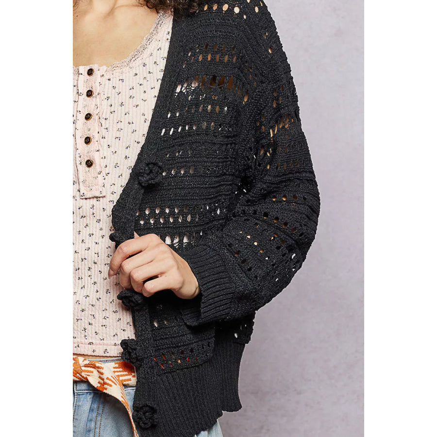 POL Open-Knit Floral Button Cardigan Apparel and Accessories