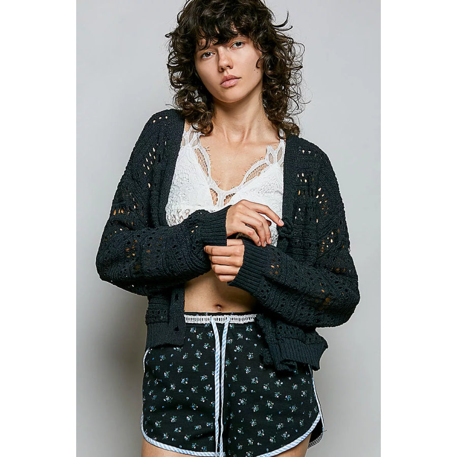 POL Open-Knit Floral Button Cardigan Apparel and Accessories