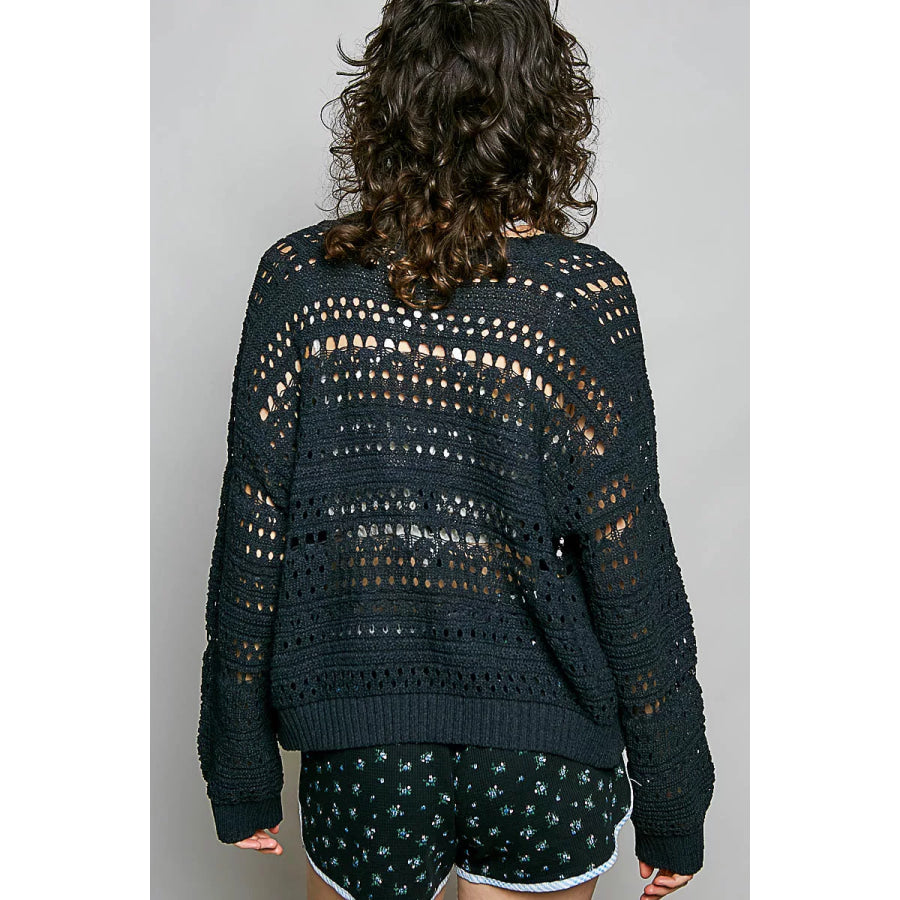 POL Open-Knit Floral Button Cardigan Apparel and Accessories