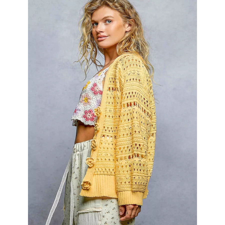 POL Open-Knit Floral Button Cardigan Apparel and Accessories