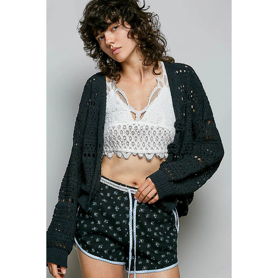 POL Open-Knit Floral Button Cardigan BLACK / S Apparel and Accessories