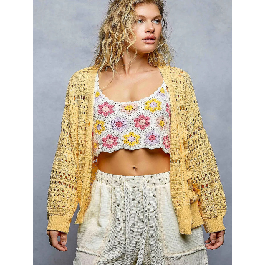 POL Open-Knit Floral Button Cardigan DANDELION / S Apparel and Accessories