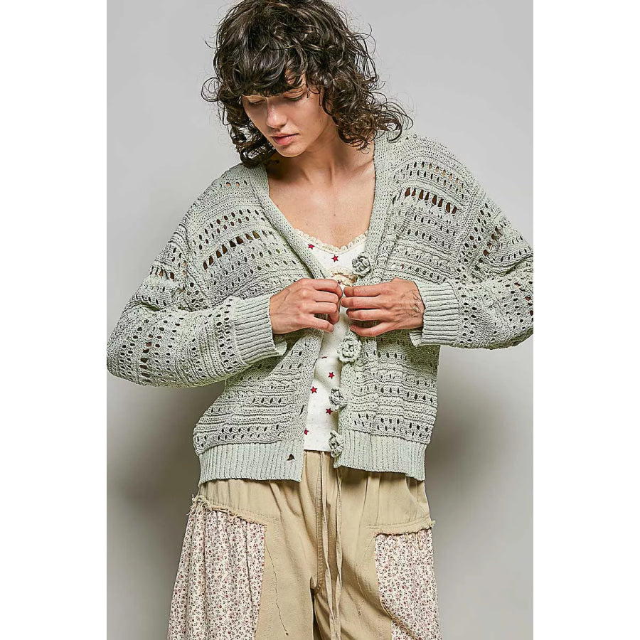 POL Open-Knit Floral Button Cardigan LIME / S Apparel and Accessories