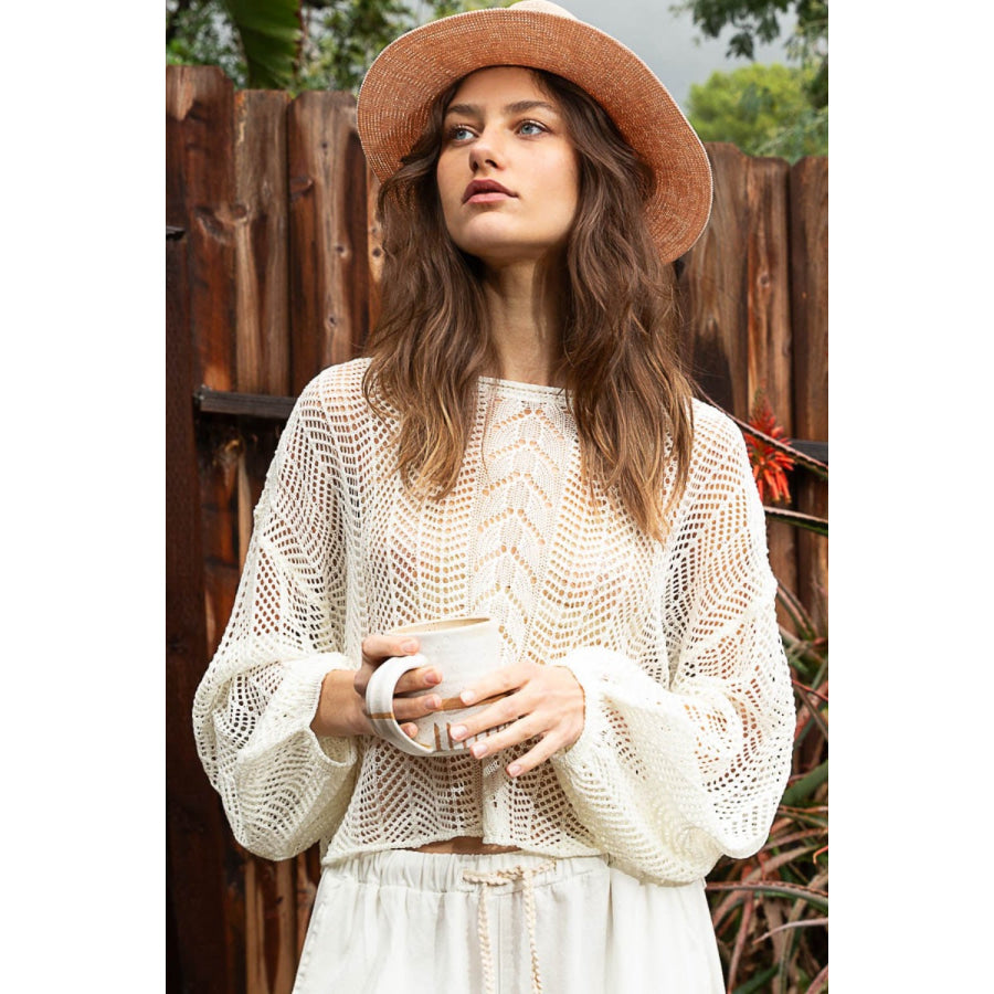 POL Openwork Balloon Sleeve Knit Cover Up Ivory / S Apparel and Accessories