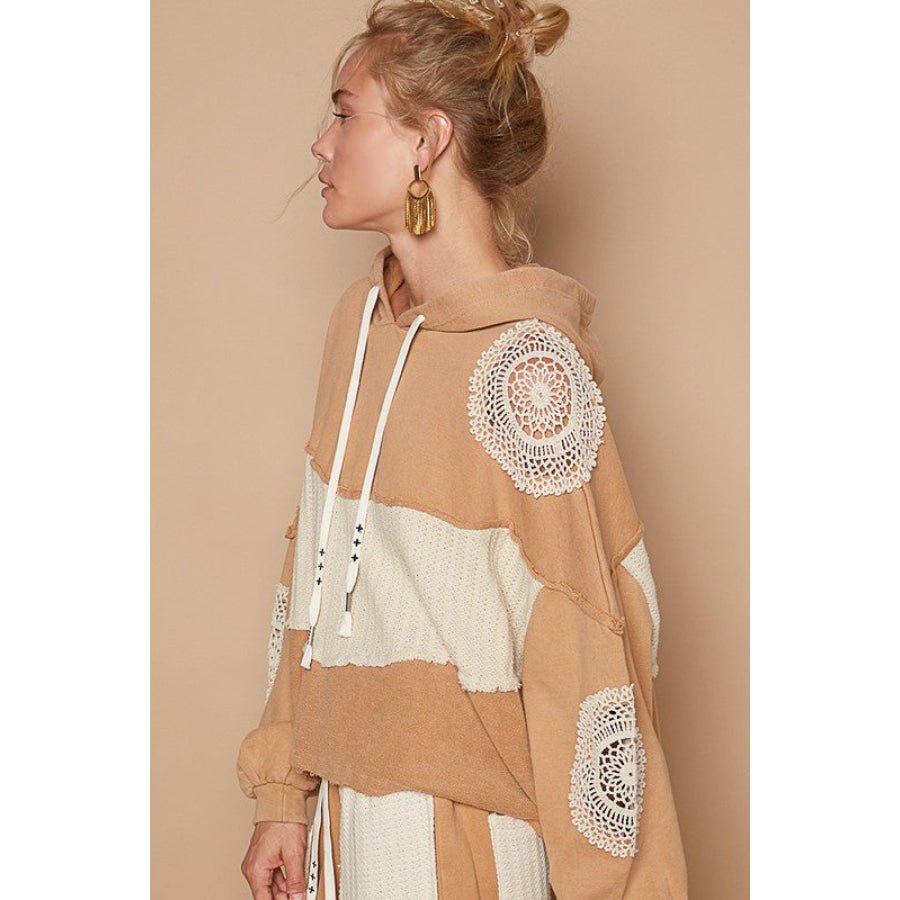 POL Openwork Contrast Dropped Shoulder Hoodie Wheat / S Apparel and Accessories