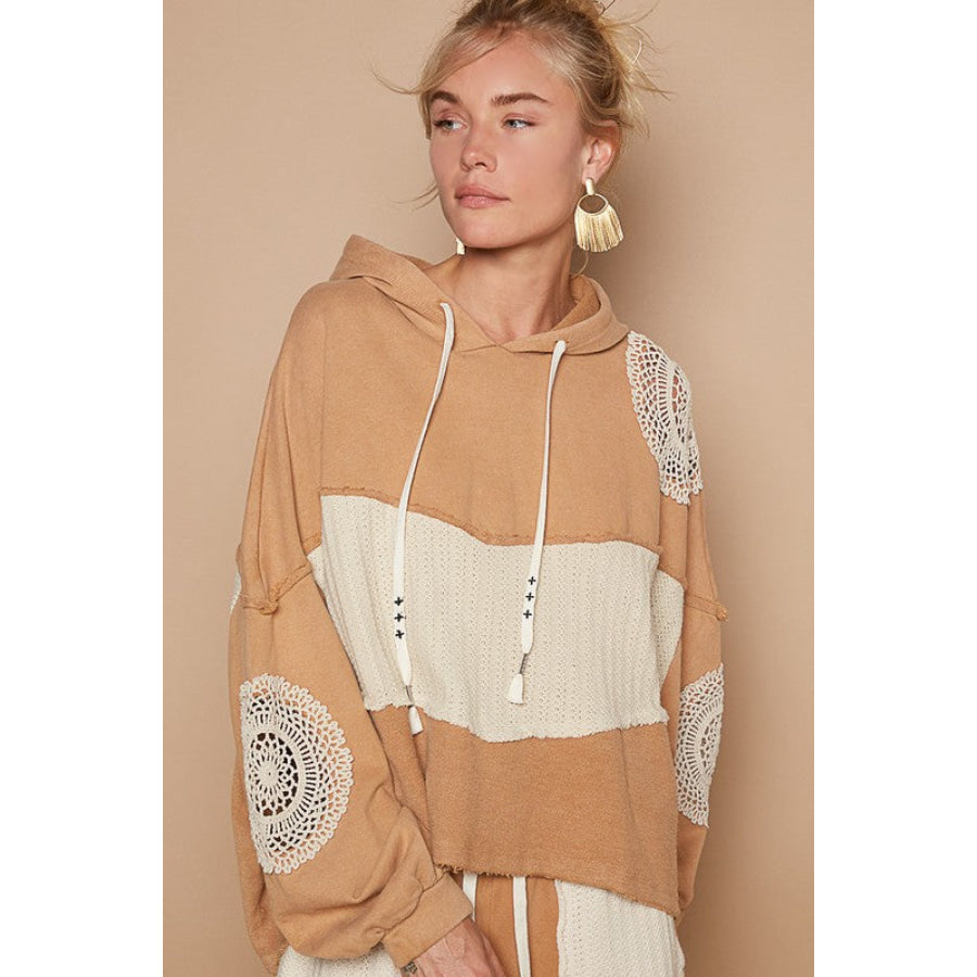 POL Openwork Contrast Dropped Shoulder Hoodie Wheat / S Apparel and Accessories