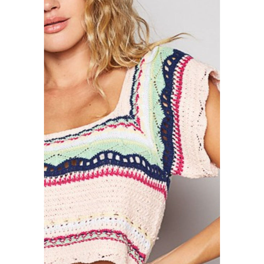 POL Openwork Ethnic Pattern Square Neck Cropped Knit Top Apparel and Accessories