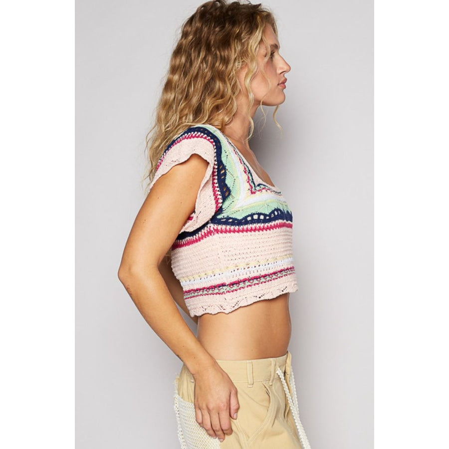 POL Openwork Ethnic Pattern Square Neck Cropped Knit Top Blush Multicolor / S Apparel and Accessories