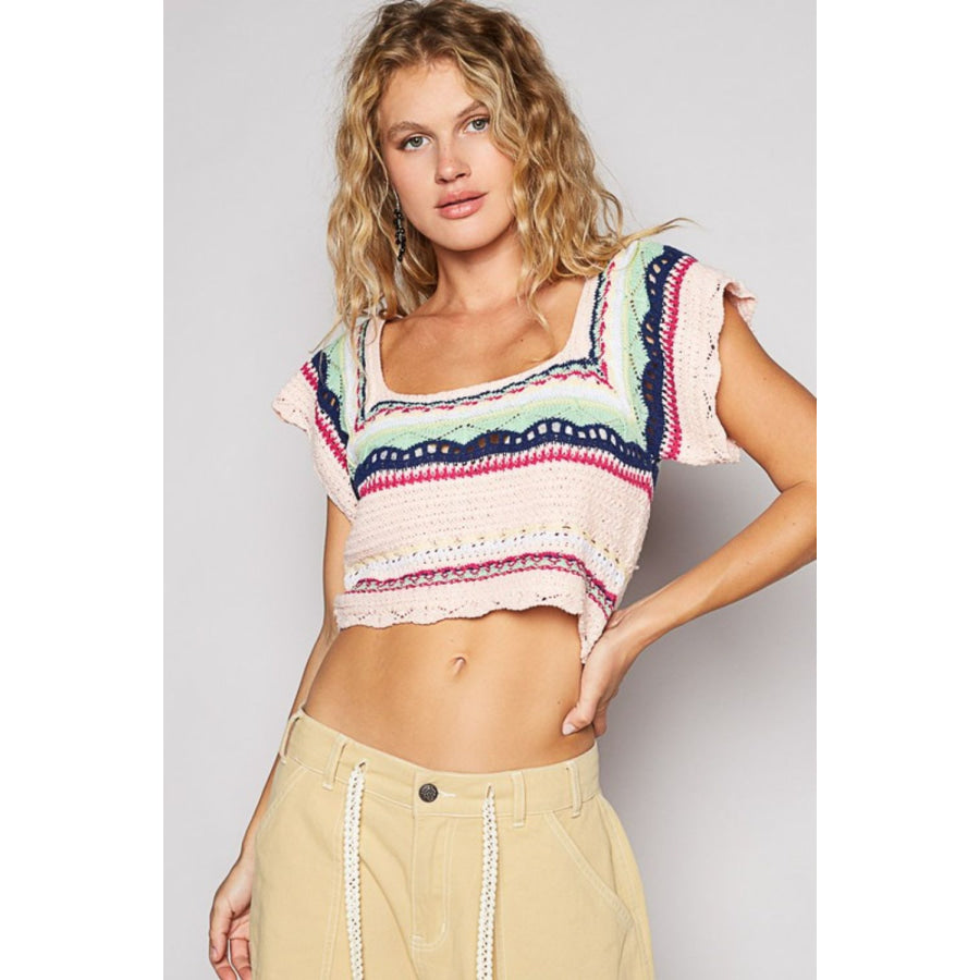 POL Openwork Ethnic Pattern Square Neck Cropped Knit Top Blush Multicolor / S Apparel and Accessories