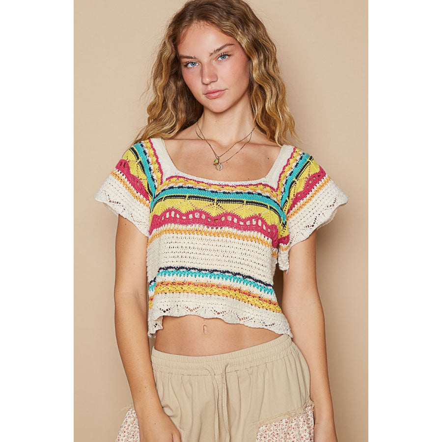 POL Openwork Ethnic Pattern Square Neck Cropped Knit Top Cream / S Apparel and Accessories