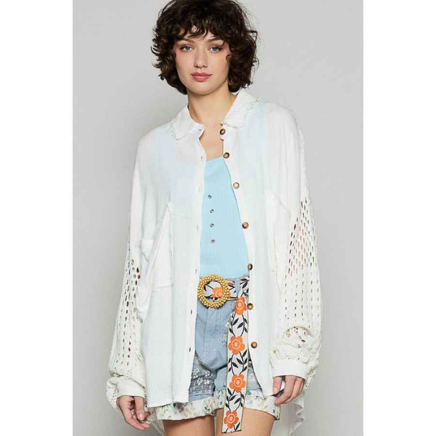 POL Openwork Lantern Sleeve Button Down Gauze Shirt Apparel and Accessories