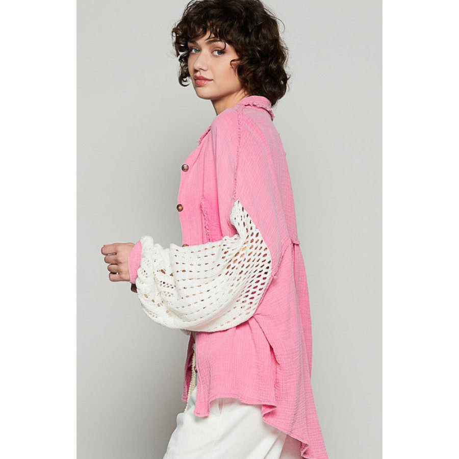 POL Openwork Lantern Sleeve Button Down Gauze Shirt Apparel and Accessories