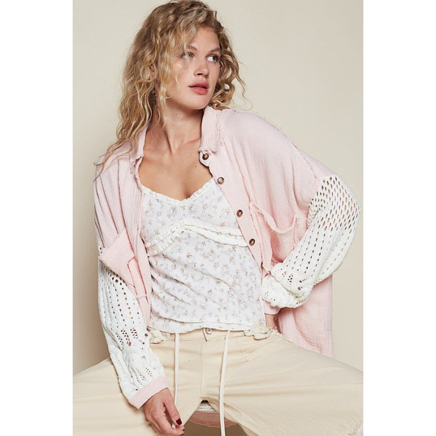 POL Openwork Lantern Sleeve Button Down Gauze Shirt Blush Pink / S Apparel and Accessories