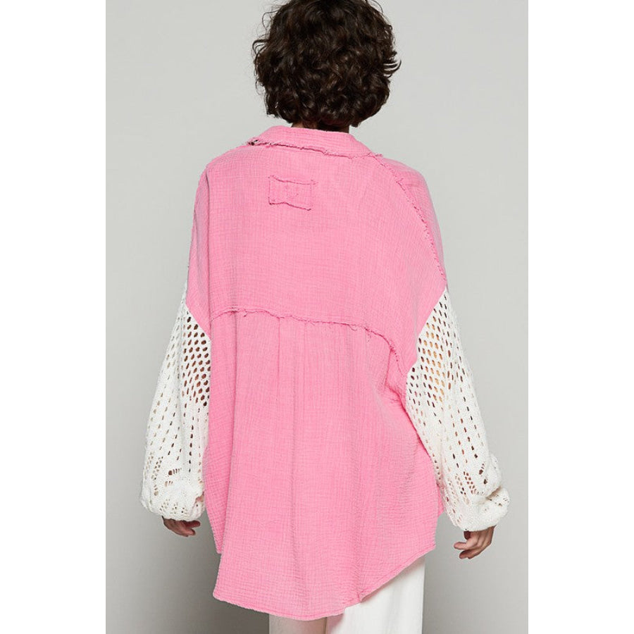 POL Openwork Lantern Sleeve Button Down Gauze Shirt Fuchsia Pink / S Apparel and Accessories