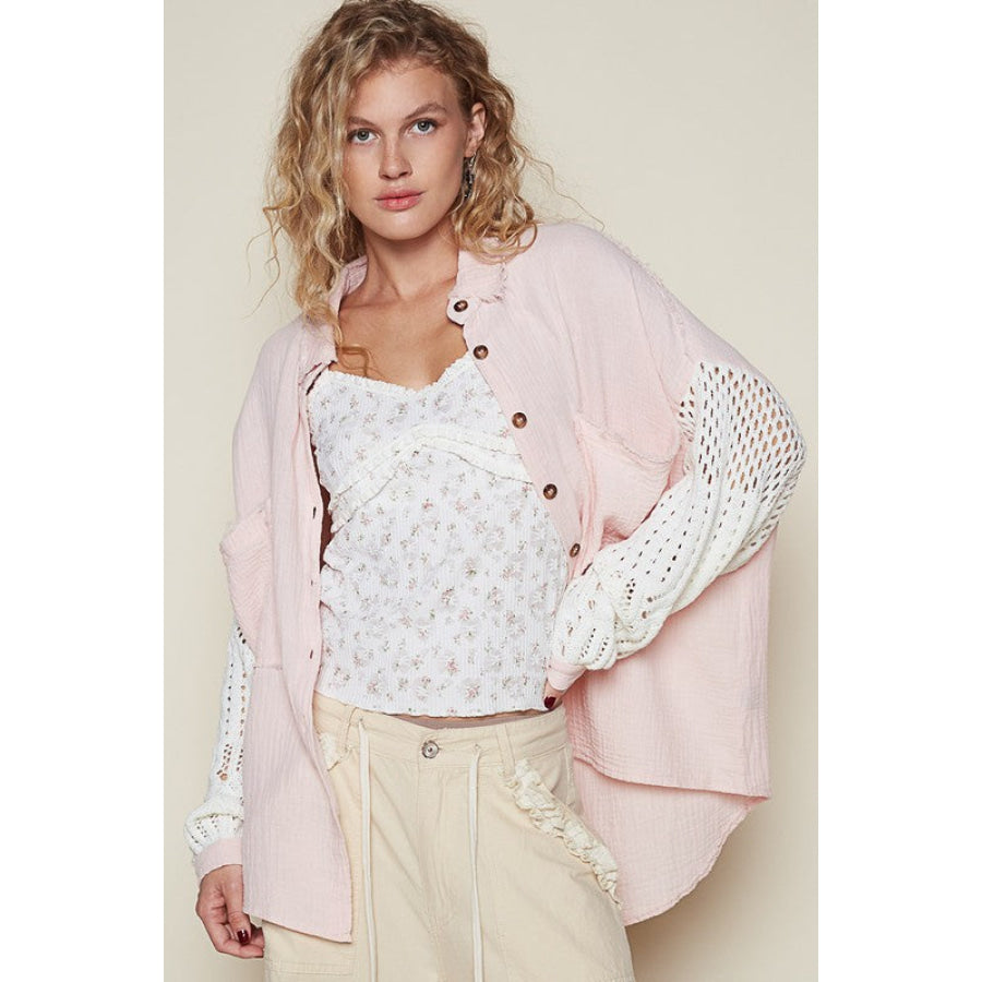 POL Openwork Lantern Sleeve Button Down Gauze Shirt Blush Pink / S Apparel and Accessories