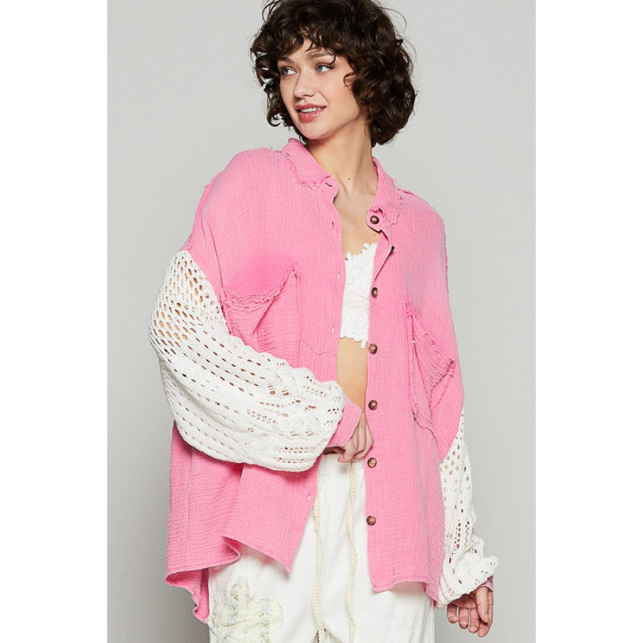 POL Openwork Lantern Sleeve Button Down Gauze Shirt Fuchsia Pink / S Apparel and Accessories