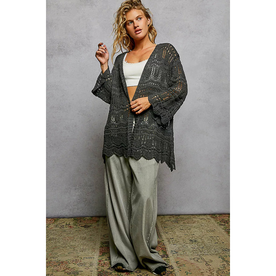 POL Openwork Lightweight Open Front Cardigan with Scalloped Edge Apparel and Accessories