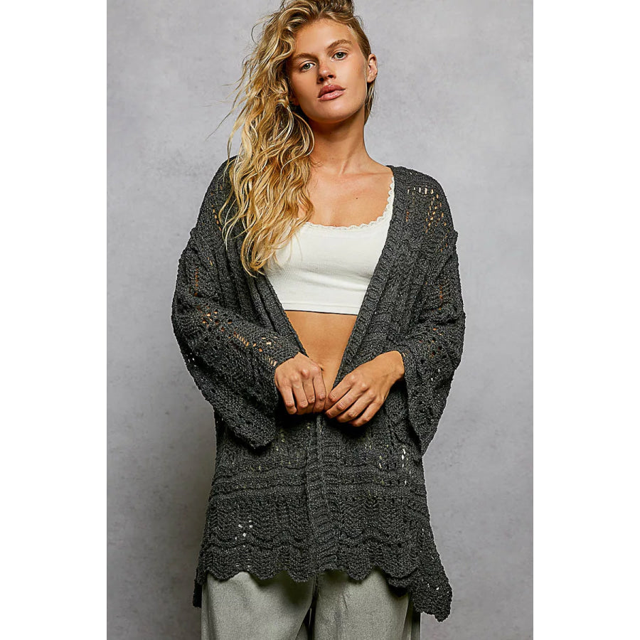 POL Openwork Lightweight Open Front Cardigan with Scalloped Edge CHARCOAL / S Apparel and Accessories
