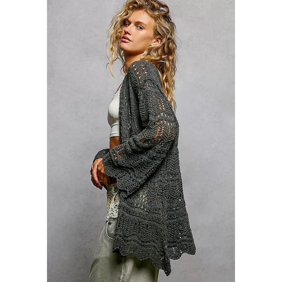 POL Openwork Lightweight Open Front Cardigan with Scalloped Edge Apparel and Accessories