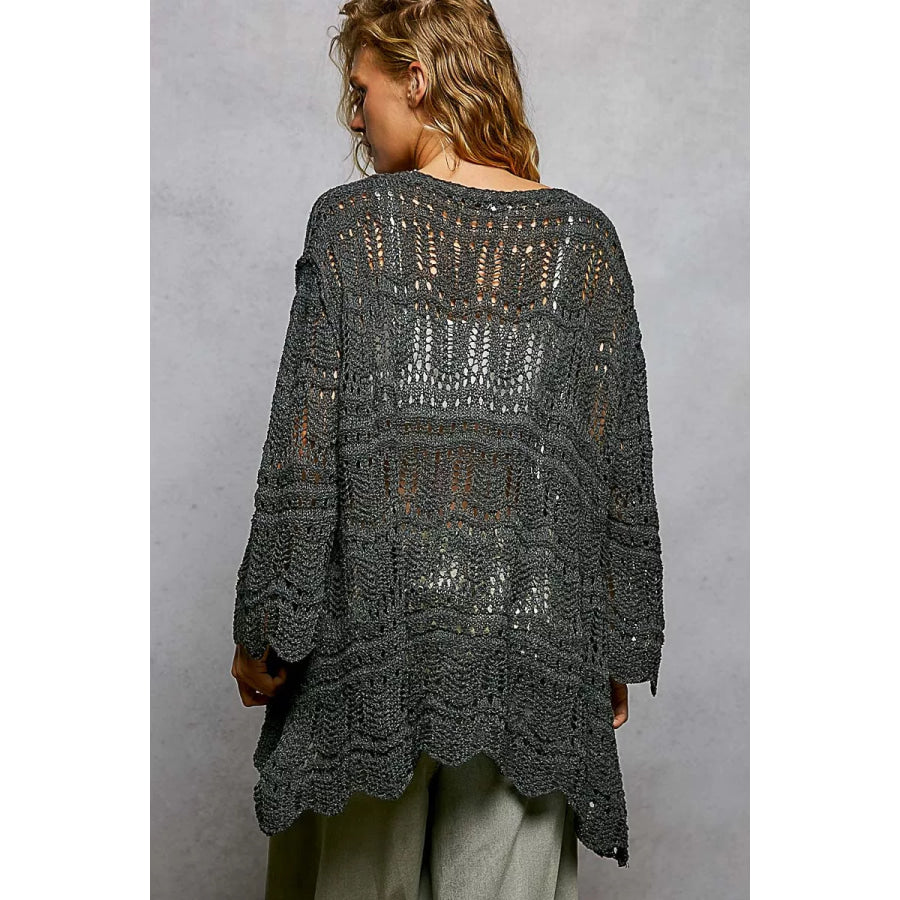 POL Openwork Lightweight Open Front Cardigan with Scalloped Edge Apparel and Accessories