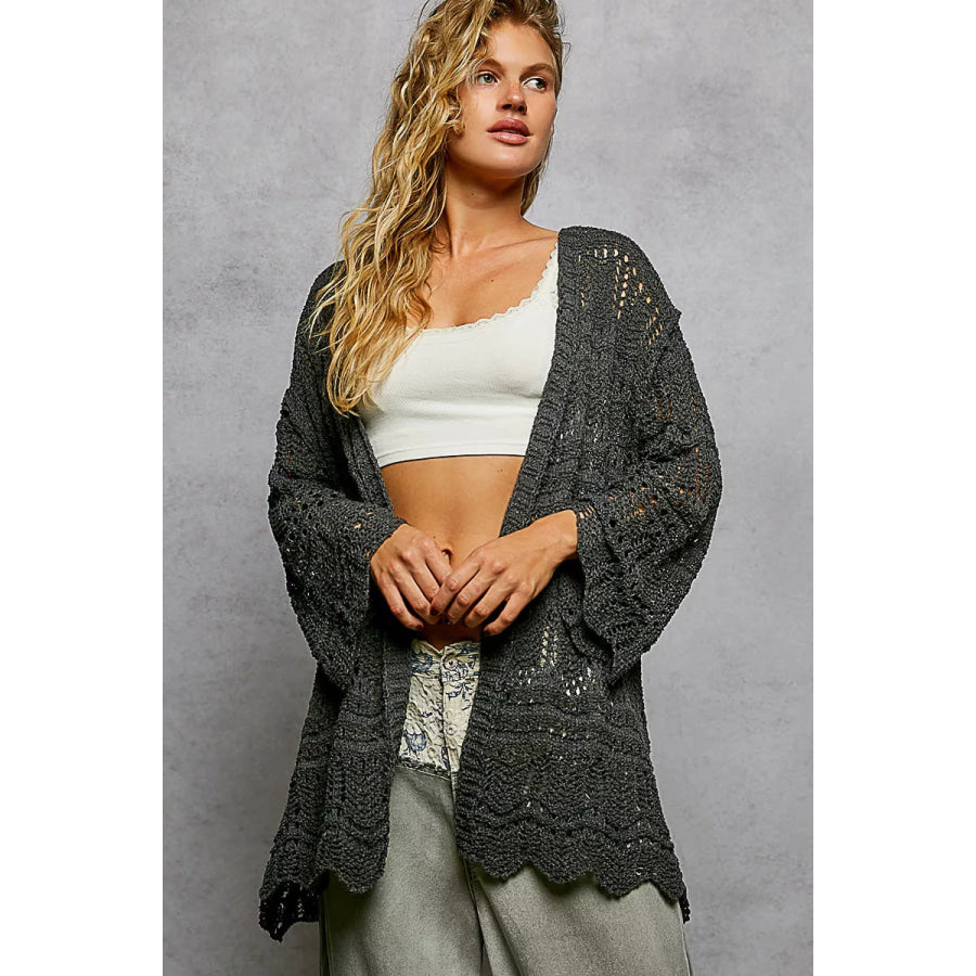 POL Openwork Lightweight Open Front Cardigan with Scalloped Edge CHARCOAL / S Apparel and Accessories