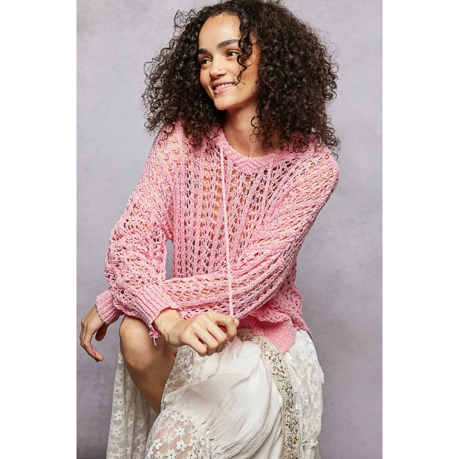 POL Openwork Round Neck High Low Knit Top Apparel and Accessories