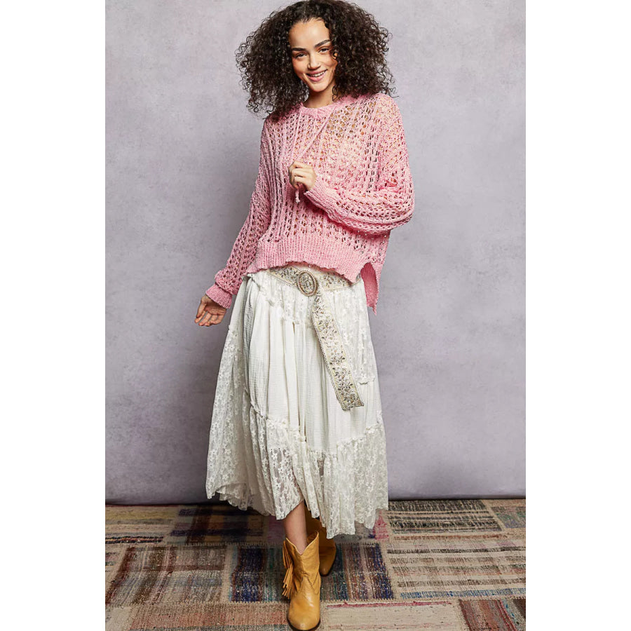 POL Openwork Round Neck High Low Knit Top Apparel and Accessories