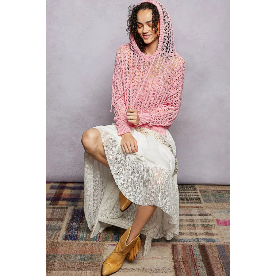 POL Openwork Round Neck High Low Knit Top Apparel and Accessories