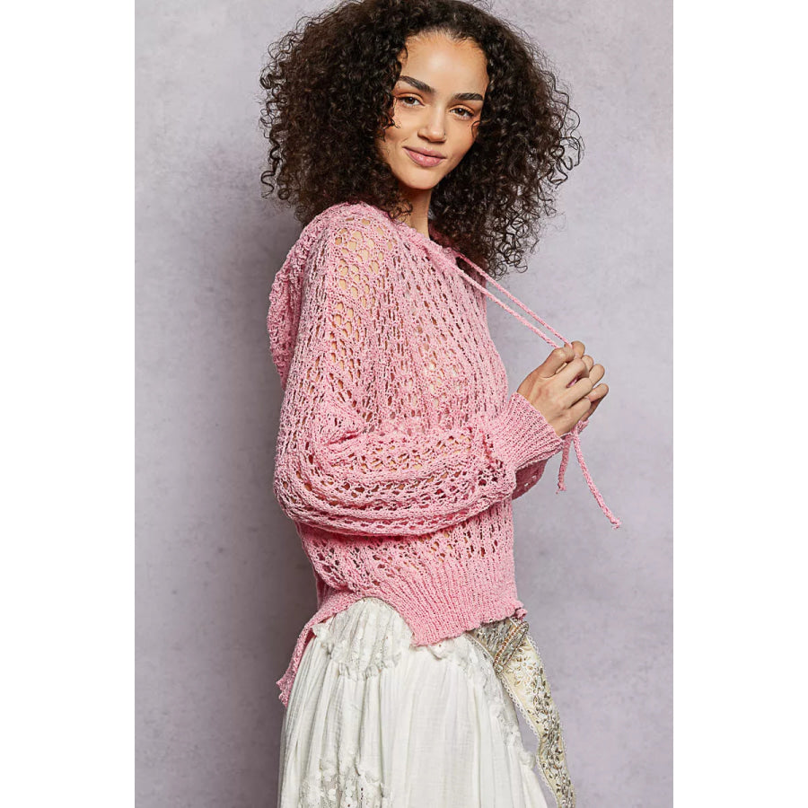 POL Openwork Round Neck High Low Knit Top Apparel and Accessories