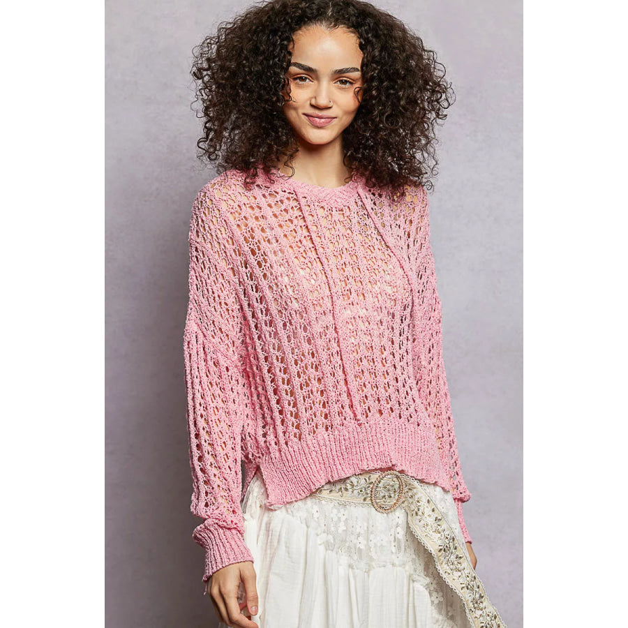 POL Openwork Round Neck High Low Knit Top Apparel and Accessories
