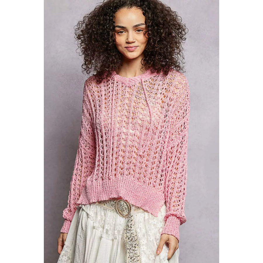 POL Openwork Round Neck High Low Knit Top BARBIE PINK / S Apparel and Accessories