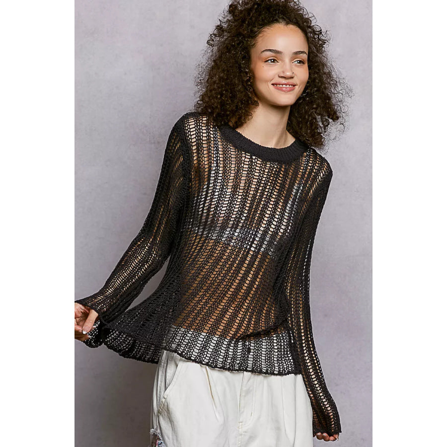 POL Openwork Round Neck Knit Cover Up CHARCOAL / S Apparel and Accessories