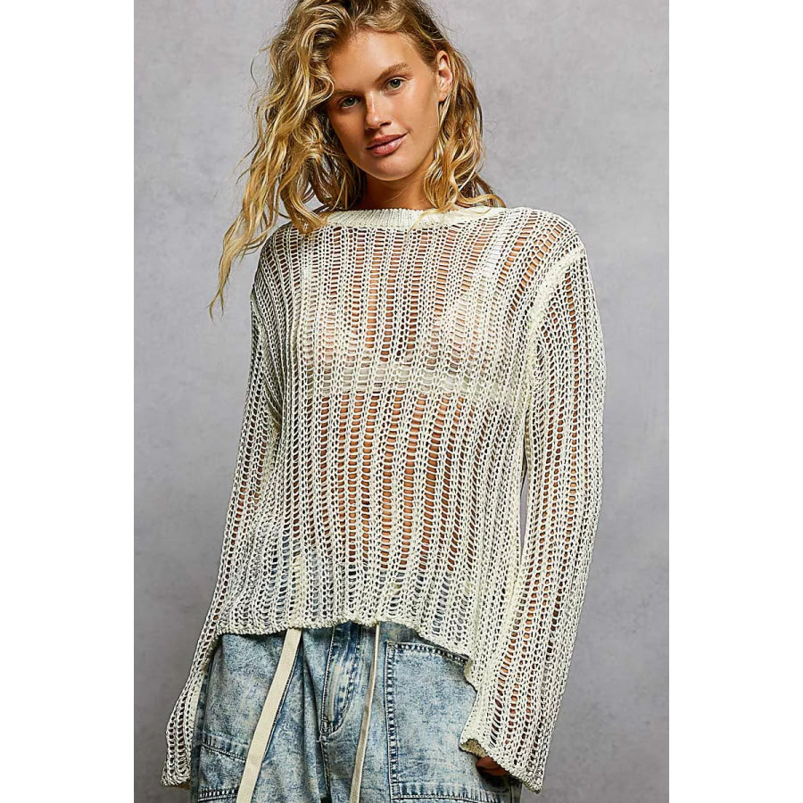 POL Openwork Round Neck Knit Cover Up OFF WHITE / S Apparel and Accessories