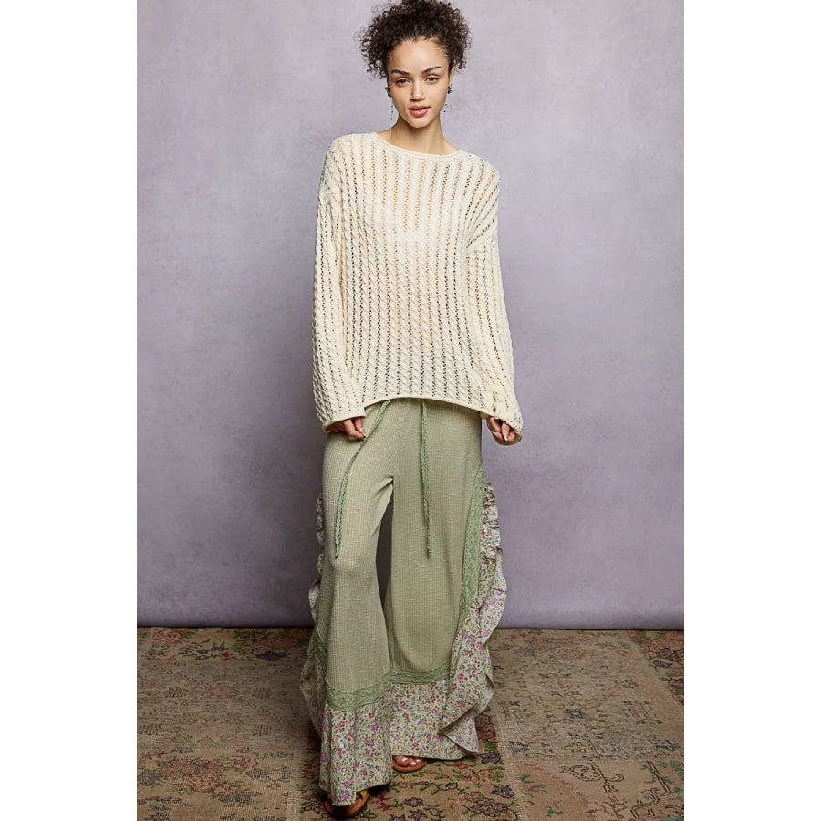 POL Openwork Round Neck Knit Top with Shiny Detail Apparel and Accessories