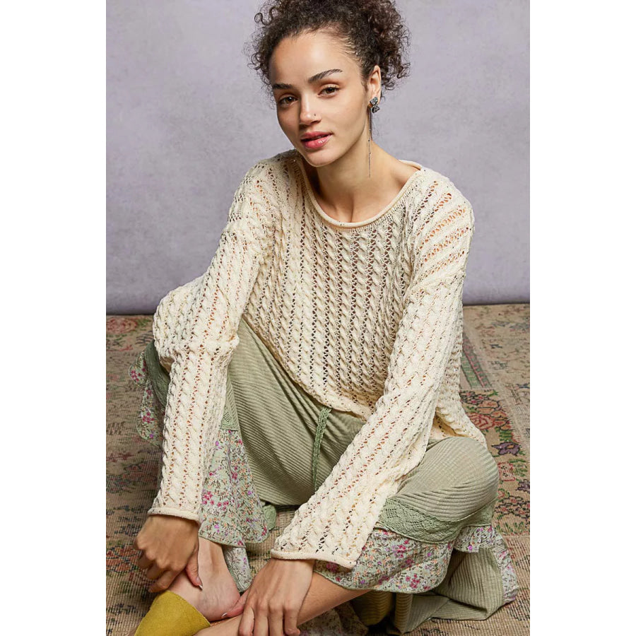 POL Openwork Round Neck Knit Top with Shiny Detail NATURAL / S Apparel and Accessories