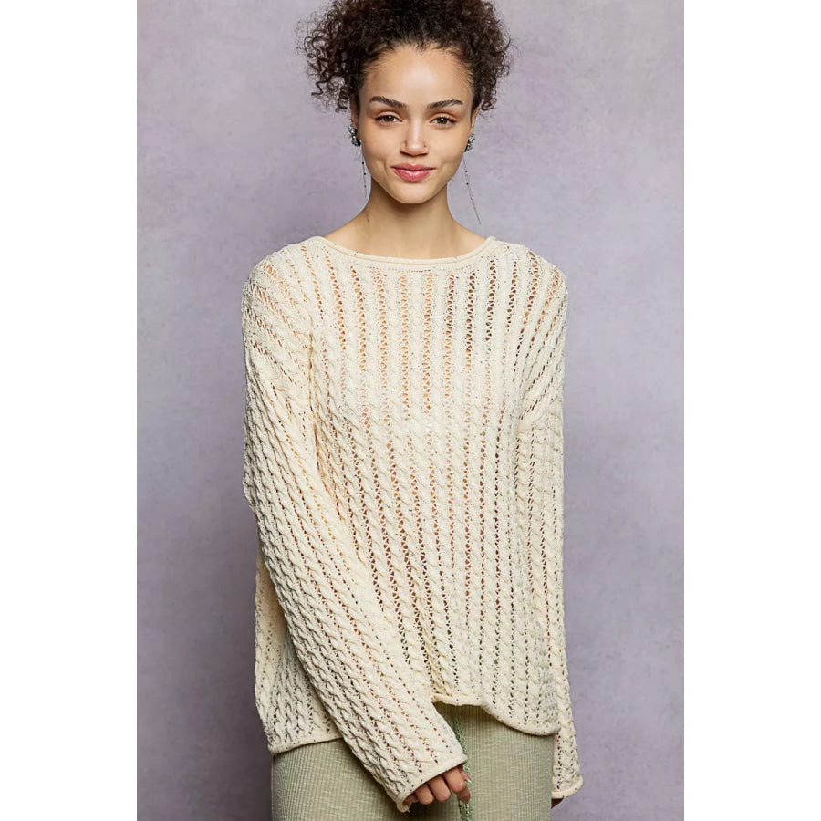 POL Openwork Round Neck Knit Top with Shiny Detail NATURAL / S Apparel and Accessories